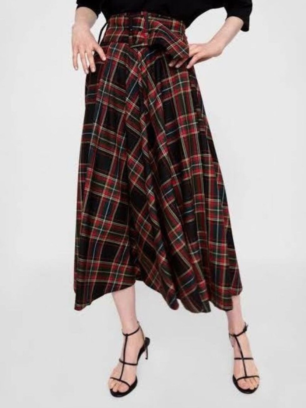 Zara Tartan Plaid Maxi Skirt Women’s Medium Belted A-Line Red Green Black